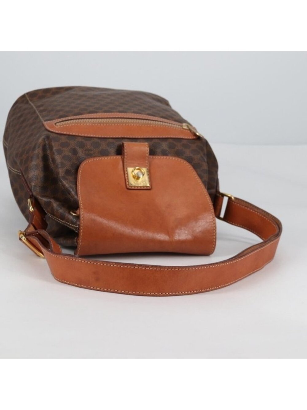 Authentic CELINE Macadam Canvas Shoulder Bag PVC Leather Brown Gold - Picture 14 of 16